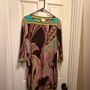 Beige by eci Brown Shift Dress with Teal and Pink Paisley